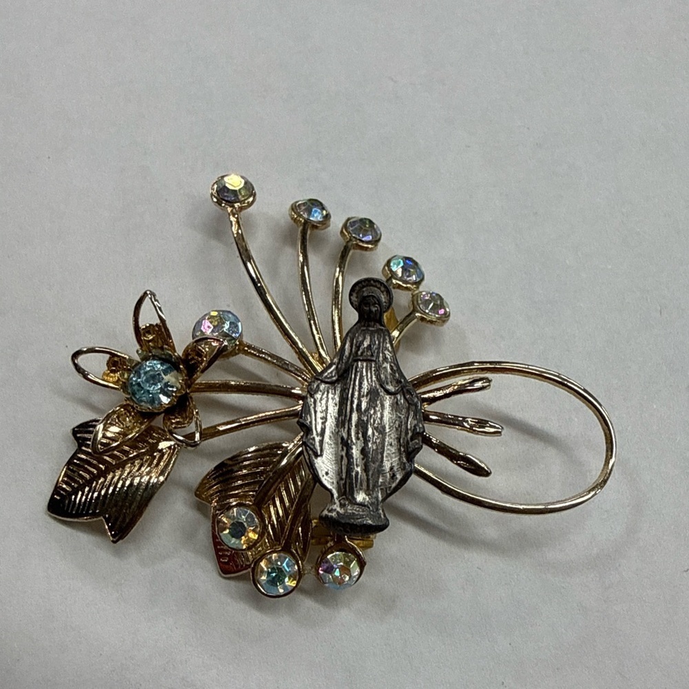 Vintage Virgin Mary Rhinestone Spray Brooch Gold Tone AB Crystals